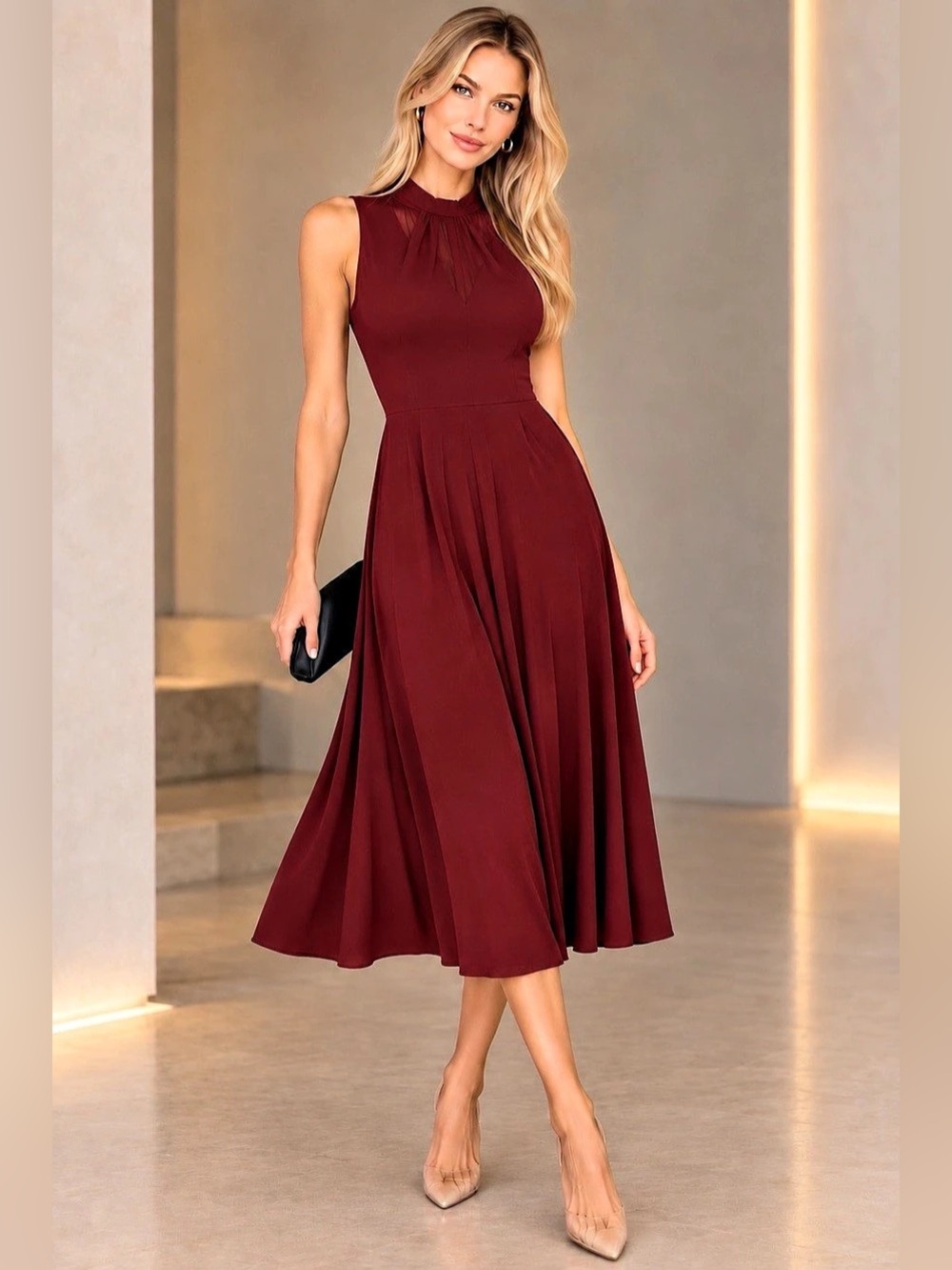 ZARA Woman Burgundy Wine Jersey Tie Neck Sleeveless Midi Dress